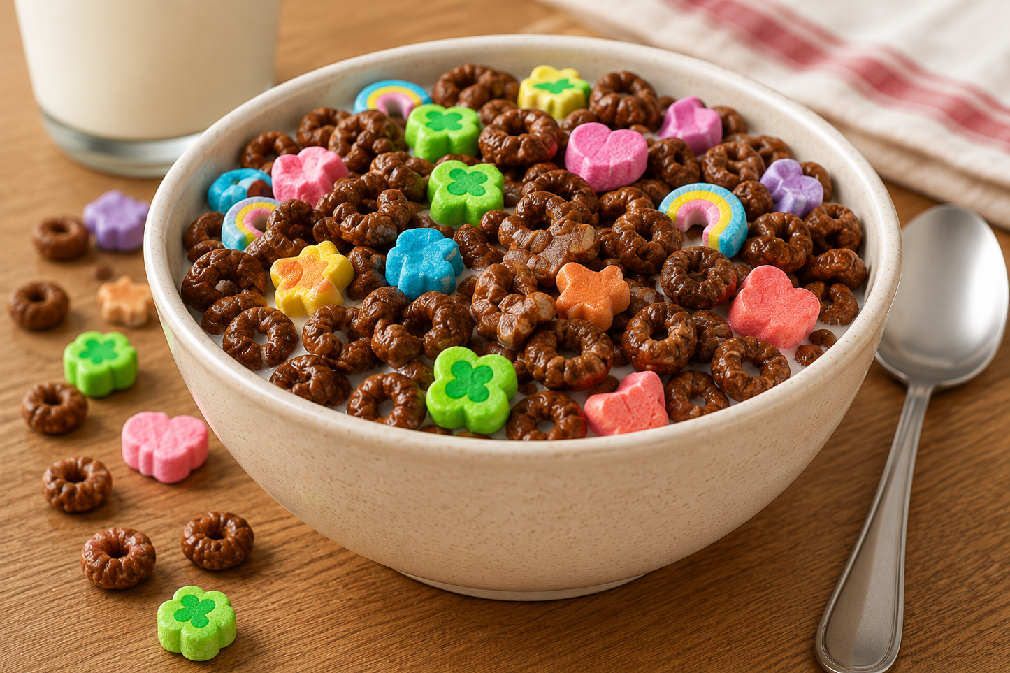 Bowl of Chocolate Lucky Charms cereal with colourful marshmallows and chocolate whole grain cereal served with milk for a fun and delicious breakfast.