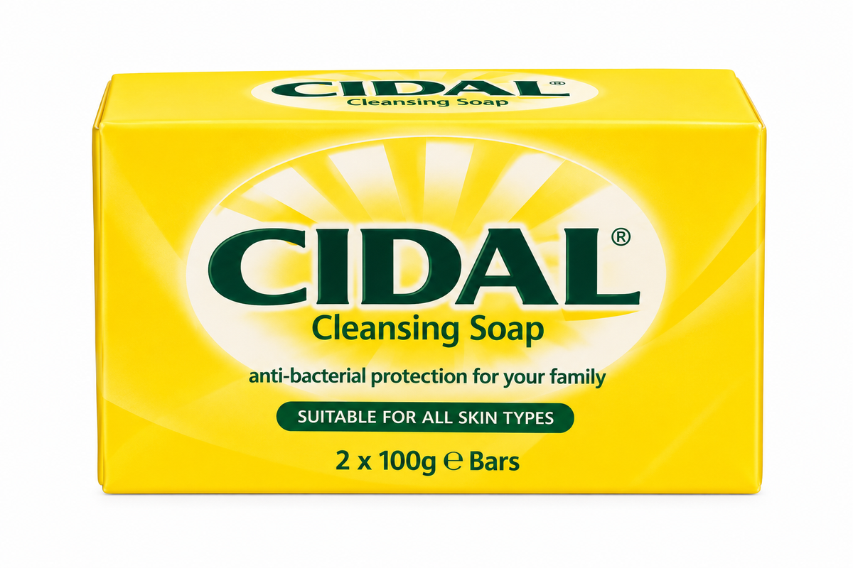 Cidal Antibacterial Cleansing Soap 2-pack containing two 100g bars, featuring bright yellow packaging, dark green Cidal branding, a white oval logo, and green text on a clean white background.