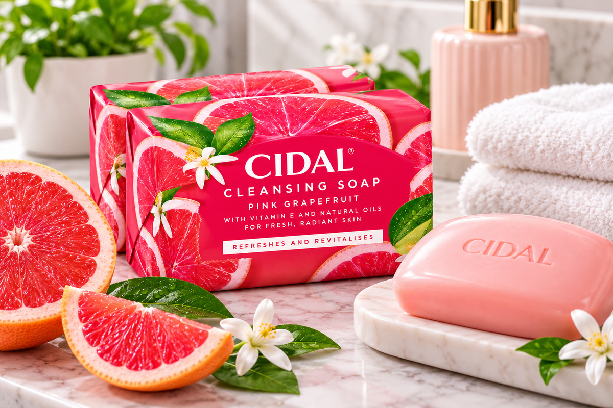 Cidal Pink Grapefruit Cleansing Soap 2 Pack x 100g displayed on a marble bathroom countertop, featuring two bright pink soap wrappers decorated with grapefruit slices, green leaves, and white floral illustrations, alongside a pale pink soap bar embossed with the Cidal name. Fresh grapefruit halves, citrus wedges, glossy green foliage, delicate white blossoms, neatly folded white towels, and a pink bathroom dispenser create a refreshing spa-inspired setting, highlighting the citrus-scented cleansing soap. 