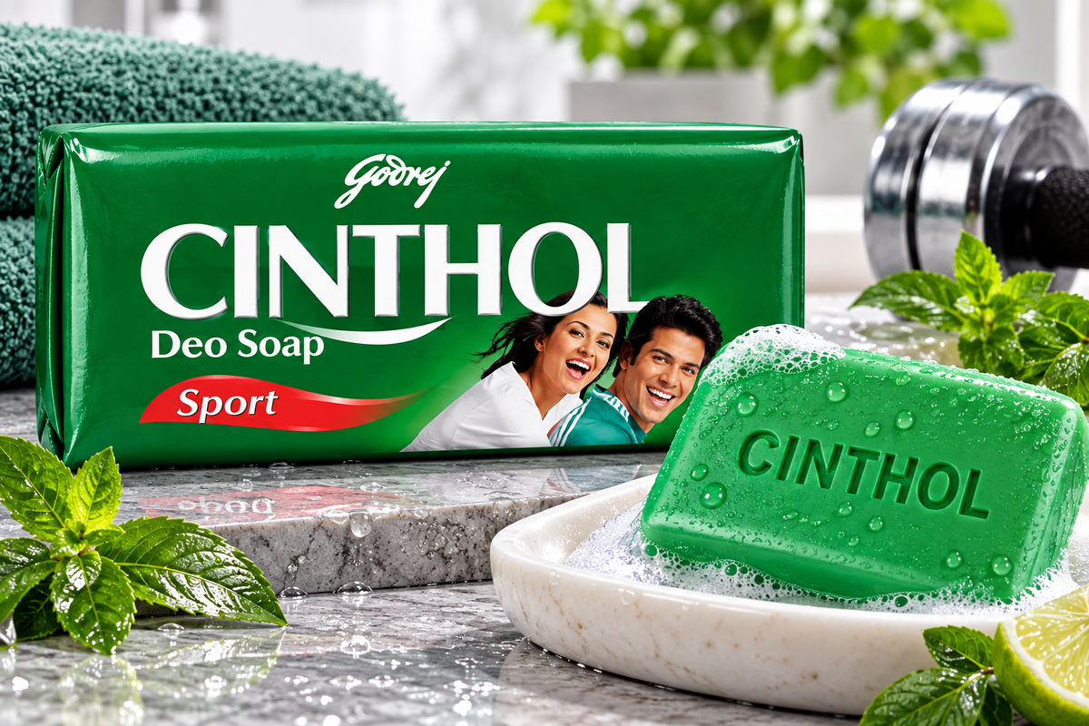 Cinthol Deo Sport Soap in green packaging with embossed green soap bar, water droplets and fresh sporty bathroom setting