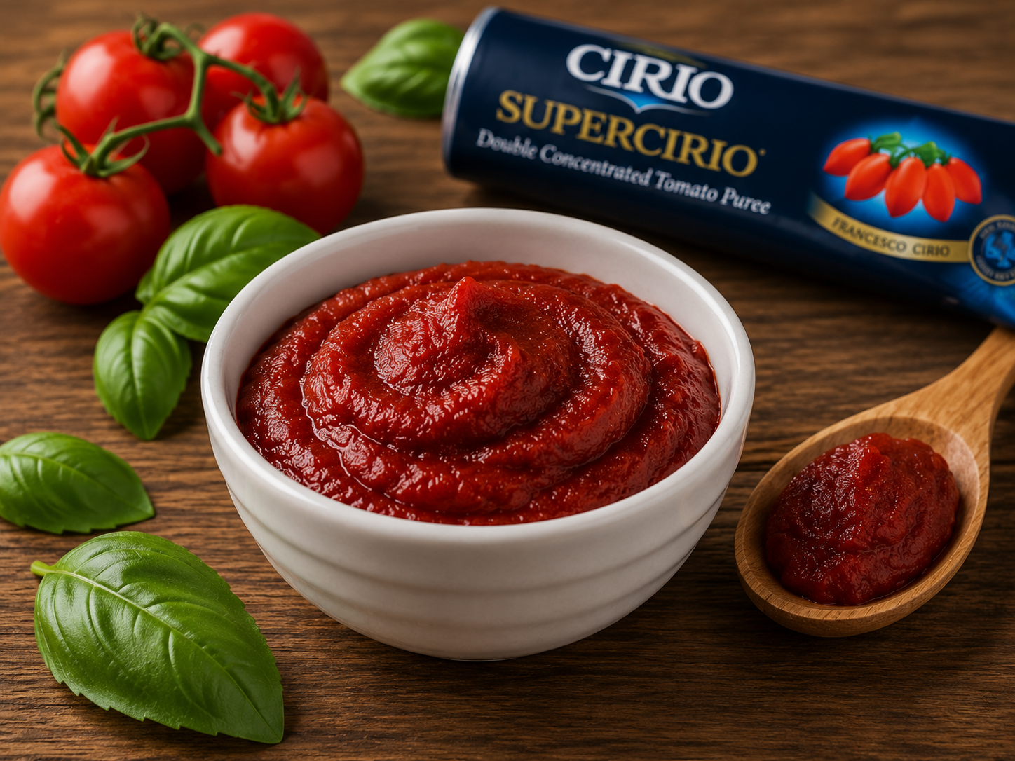 Premium serving suggestion image of Cirio Supercirio Double Concentrated Tomato Puree presented with ripe tomatoes, fresh basil leaves and rich tomato paste, perfect for authentic Italian pasta sauces, soups and Mediterranean recipes.