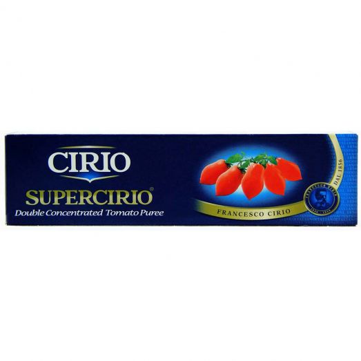 Cirio Supercirio Double Concentrated Tomato Purée 140g box with blue packaging and image of red tomatoes on the front.