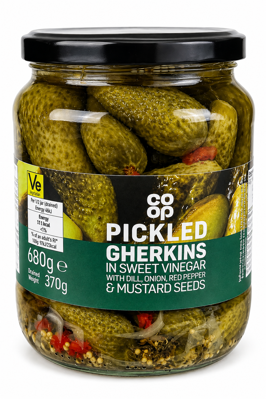 Co-op Pickled Gherkins in Sweet Vinegar 680g with dill, onion, red pepper and mustard seeds