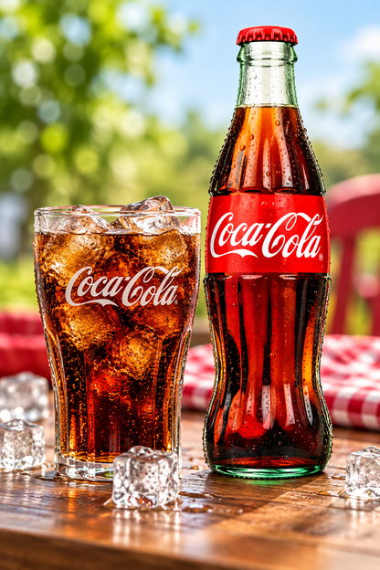 Coca-Cola Original Taste glass bottle beside a glass of chilled cola with ice cubes on a wooden table with a red and white picnic cloth.