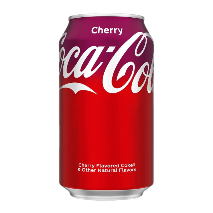 Coca-Cola Cherry in 355ml cans, 12-pack, offering a refreshing combination of classic Coca-Cola and sweet cherry flavor for a bold, fizzy drink.