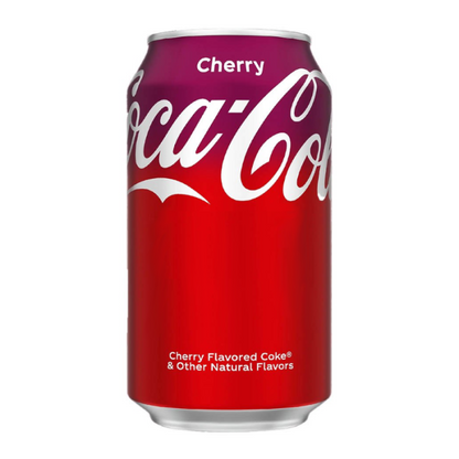 Coca-Cola Cherry in 355ml cans, 12-pack, offering a refreshing combination of classic Coca-Cola and sweet cherry flavor for a bold, fizzy drink.