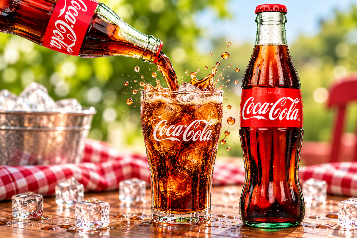 Coca-Cola Original Taste being poured from a glass bottle into an ice-filled glass, with sparkling cola, splashes and additional chilled bottle.