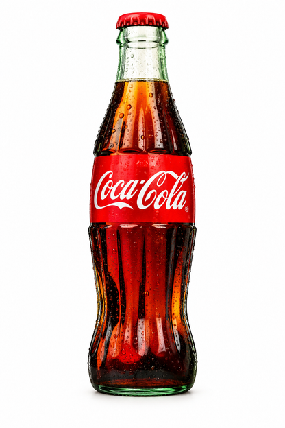 Coca-Cola Original Taste 250ml glass bottle with red cap, red Coca-Cola label and dark cola displayed against a clean white background.
