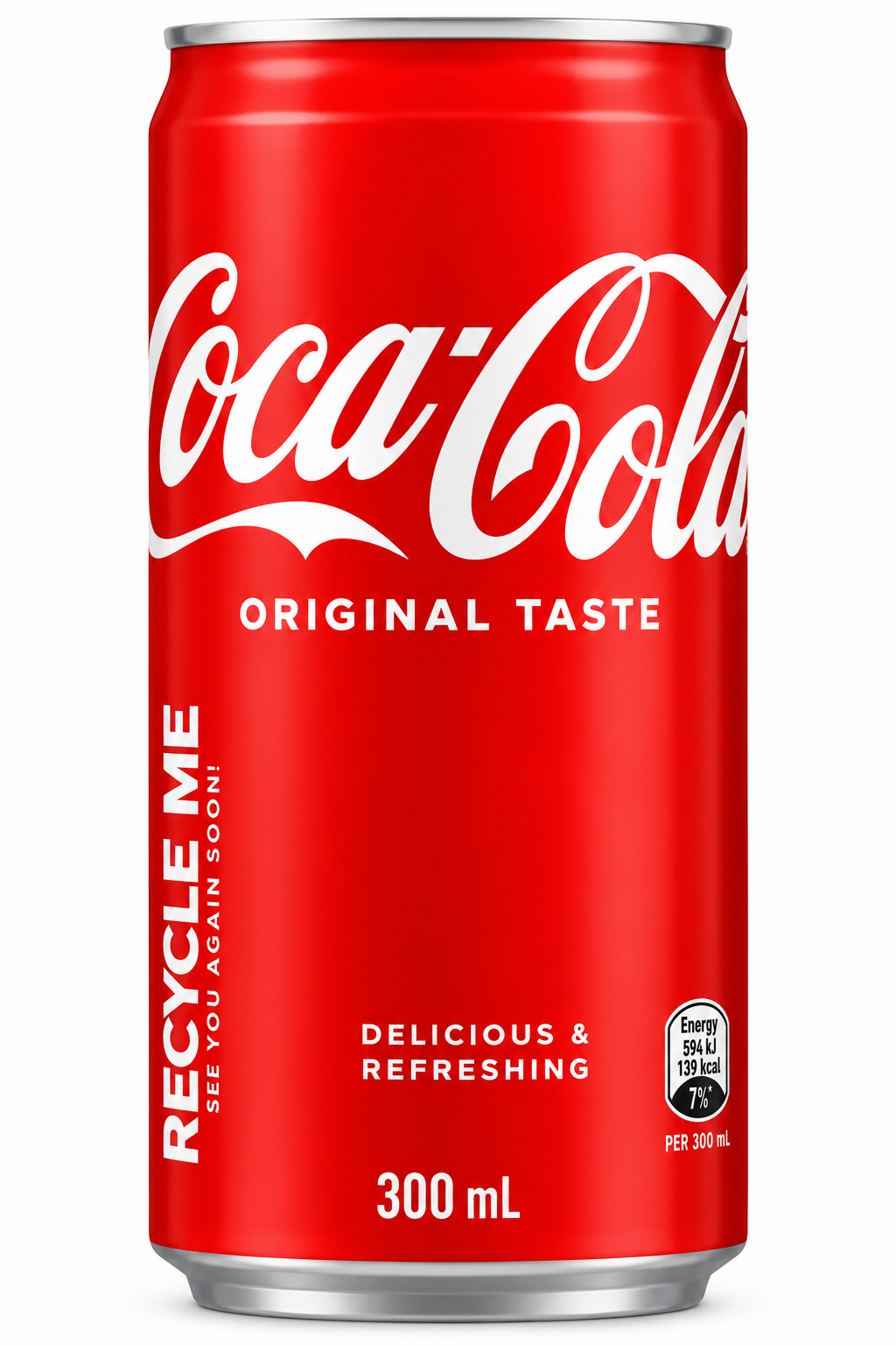 Coca-Cola Original Taste 300ml red aluminium can featuring the classic white Coca-Cola logo, original flavour branding, and silver top and bottom rims.