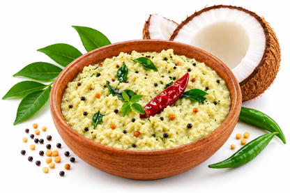 South Indian coconut chutney in a wooden bowl garnished with curry leaves, mustard seeds and red chilli, with fresh coconut on a white background