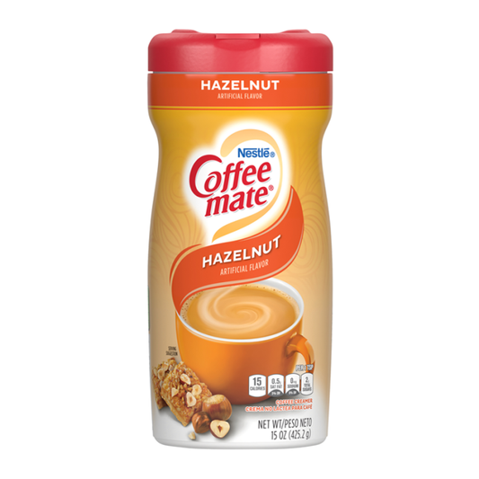 Coffee-Mate Hazelnut Powdered Creamer 15 oz canister showing product label and hazelnut flavor design