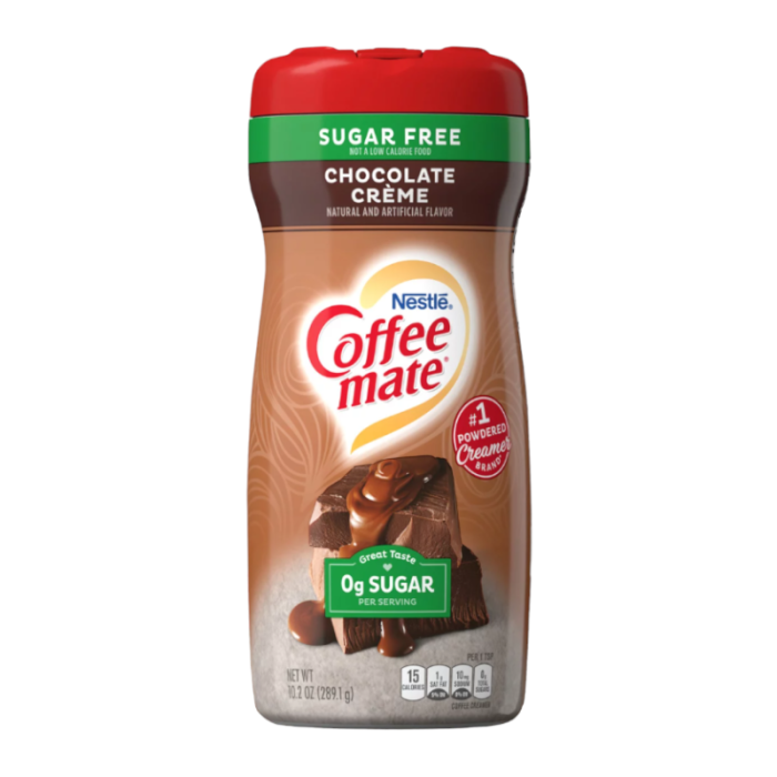 Coffee-Mate Sugar Free Chocolate Crème Powdered Creamer 10.2 oz showing label and chocolate flavor branding