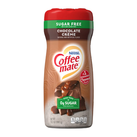 Coffee-Mate Sugar Free Chocolate Crème Powdered Creamer 10.2 oz showing label and chocolate flavor branding