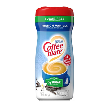 Coffee-Mate Sugar Free French Vanilla Powdered Creamer 10.2 oz showing label and vanilla branding