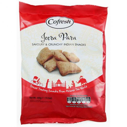 Cofresh Jeera Para 300g red packet featuring savoury and crunchy Indian cumin snacks with image of square crispy pieces on the front.