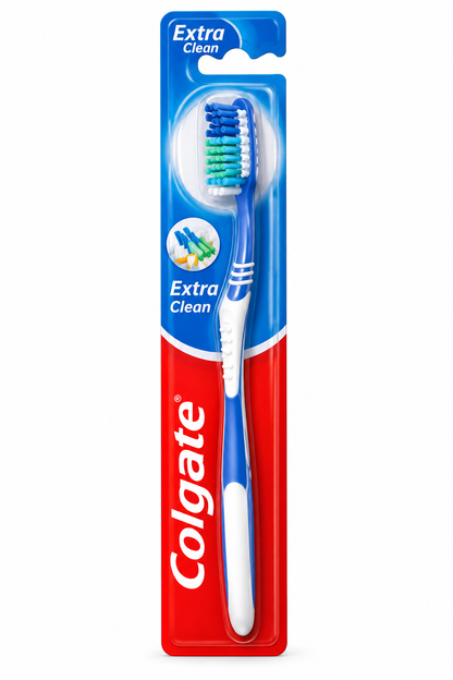 Colgate Extra Clean toothbrush in blue and red blister packaging, featuring a blue and white toothbrush handle, blue green and white bristles, and Colgate branding.