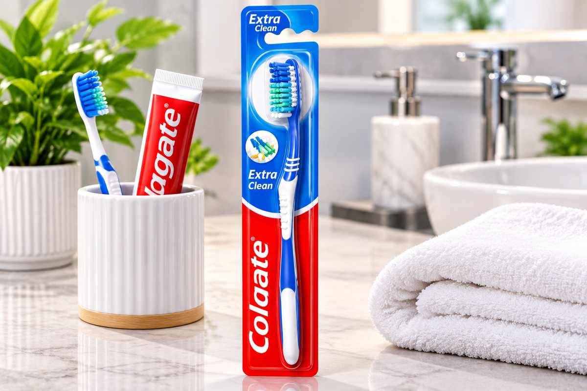 Colgate Extra Clean toothbrush displayed beside a white ceramic toothbrush holder, toothpaste and a folded white towel on a clean modern bathroom countertop.