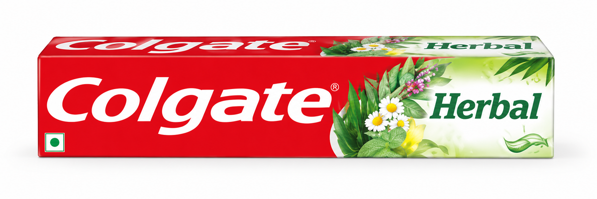 Colgate Herbal Toothpaste 100ml box featuring red and green packaging, white Colgate logo, green herbal lettering, botanical leaves and flower graphics.