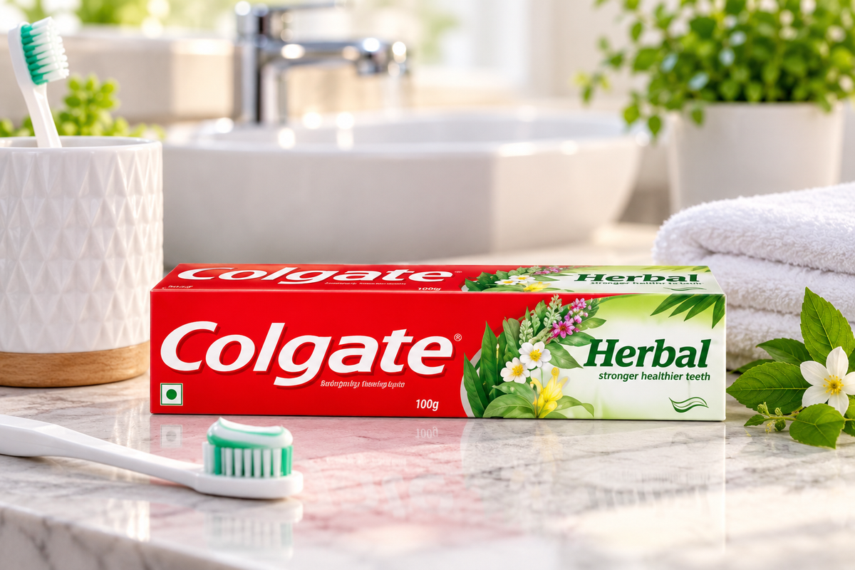 Colgate Herbal Toothpaste box displayed on a marble bathroom countertop beside a white and green toothbrush, fresh green leaves, a ceramic toothbrush holder and a folded white towel in a bright bathroom setting.