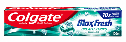 Colgate MaxFresh Clean Mint Toothpaste 100ml box featuring vibrant red, white, teal, and blue packaging, the iconic Colgate logo in bold white lettering, prominent MaxFresh branding, and Breath Strips Clean Mint text. The packaging includes sparkling ice graphics, refreshing mint gel imagery, a dark blue 10x Longer Lasting Cooling badge, and a 100ml marking. Displayed horizontally against a clean white background, showcasing Colgate MaxFresh fluoride toothpaste for everyday oral hygiene.