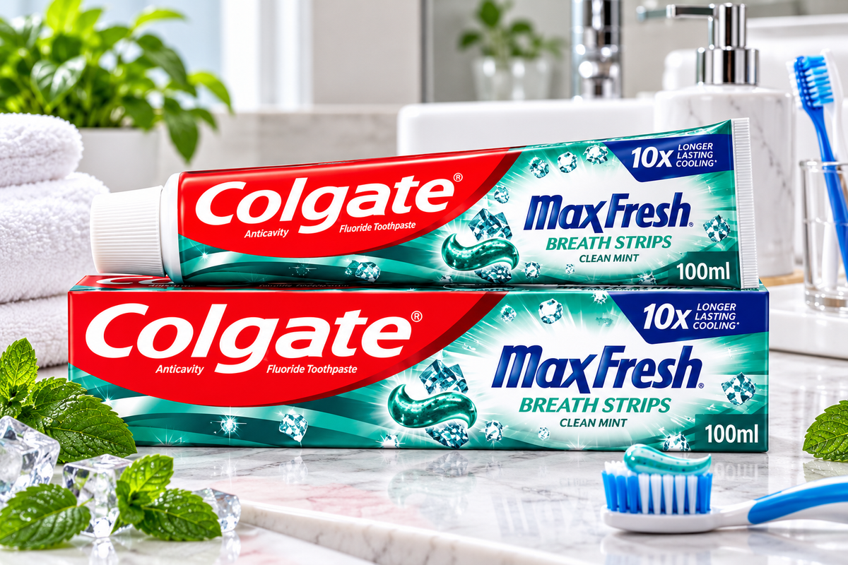 Colgate MaxFresh Clean Mint Toothpaste 100ml tube and matching box displayed on a glossy marble bathroom countertop, featuring red Colgate branding, blue MaxFresh lettering, teal and white icy graphics, Breath Strips Clean Mint text, and a 10x Longer Lasting Cooling badge. A blue toothbrush with toothpaste gel, fresh mint leaves, ice cubes, folded white towels, and modern bathroom accessories complete the bright, refreshing setting, showcasing the toothpaste as part of a daily oral care.
