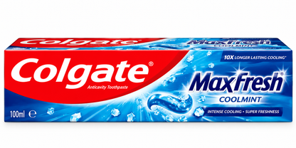 Colgate MaxFresh Coolmint Toothpaste 100ml in red and blue packaging with the Colgate logo, icy blue graphics and MaxFresh Coolmint branding.