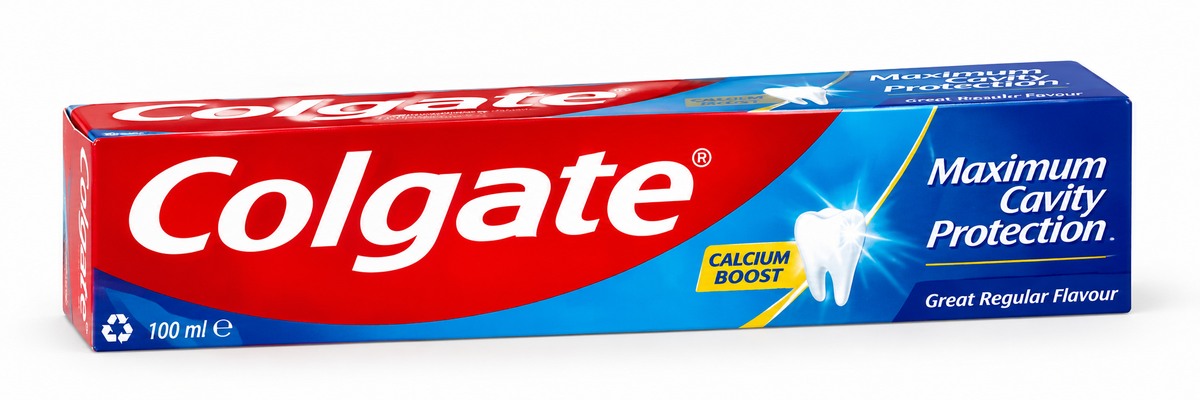 Colgate Maximum Cavity Protection Regular Toothpaste 100ml box featuring red and blue packaging, white Colgate logo, tooth graphic and calcium boost design.