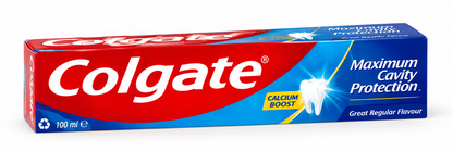 Colgate Maximum Cavity Protection Regular Toothpaste 100ml box featuring red and blue packaging, white Colgate logo, tooth graphic and calcium boost design.