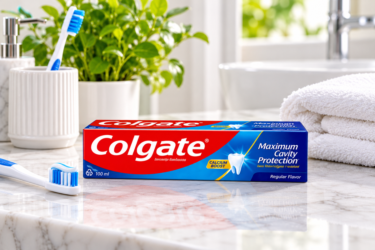 Colgate Maximum Cavity Protection Regular Toothpaste 100ml box displayed on a marble bathroom countertop beside a blue and white toothbrush, toothpaste on the brush, a white ceramic toothbrush holder and folded white towel.