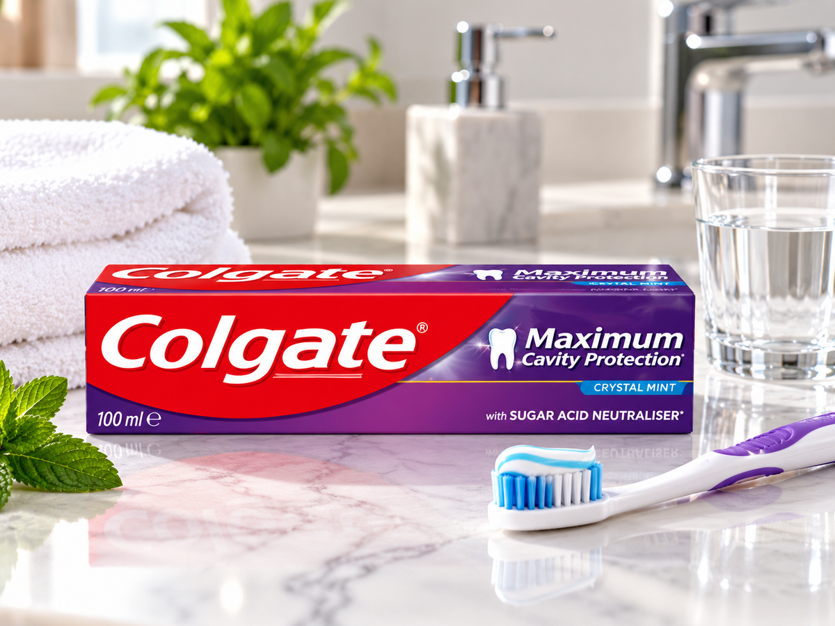 Colgate Maximum White Crystal Mint Toothpaste 100ml displayed on a marble bathroom countertop beside a white and purple toothbrush with toothpaste, a glass of water, fresh mint leaves and a folded white towel.