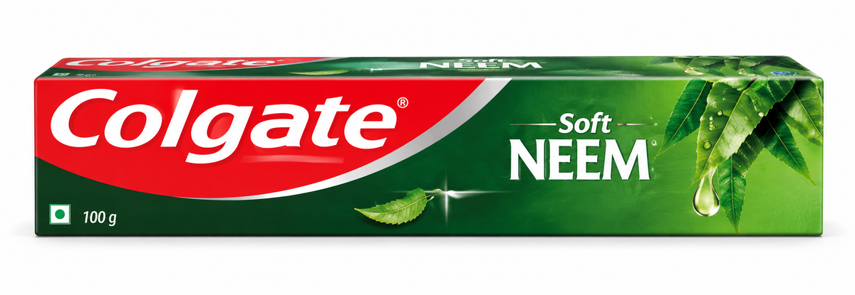 Colgate Soft Neem Toothpaste 100g in a green carton with the red Colgate logo, white Soft Neem lettering, neem leaf illustrations, and a 100g marking, displayed against a clean white background.