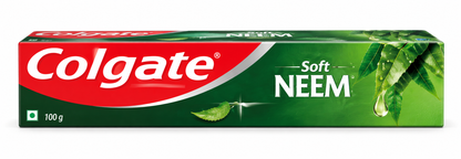 Colgate Soft Neem Toothpaste 100g in a green carton with the red Colgate logo, white Soft Neem lettering, neem leaf illustrations, and a 100g marking, displayed against a clean white background.