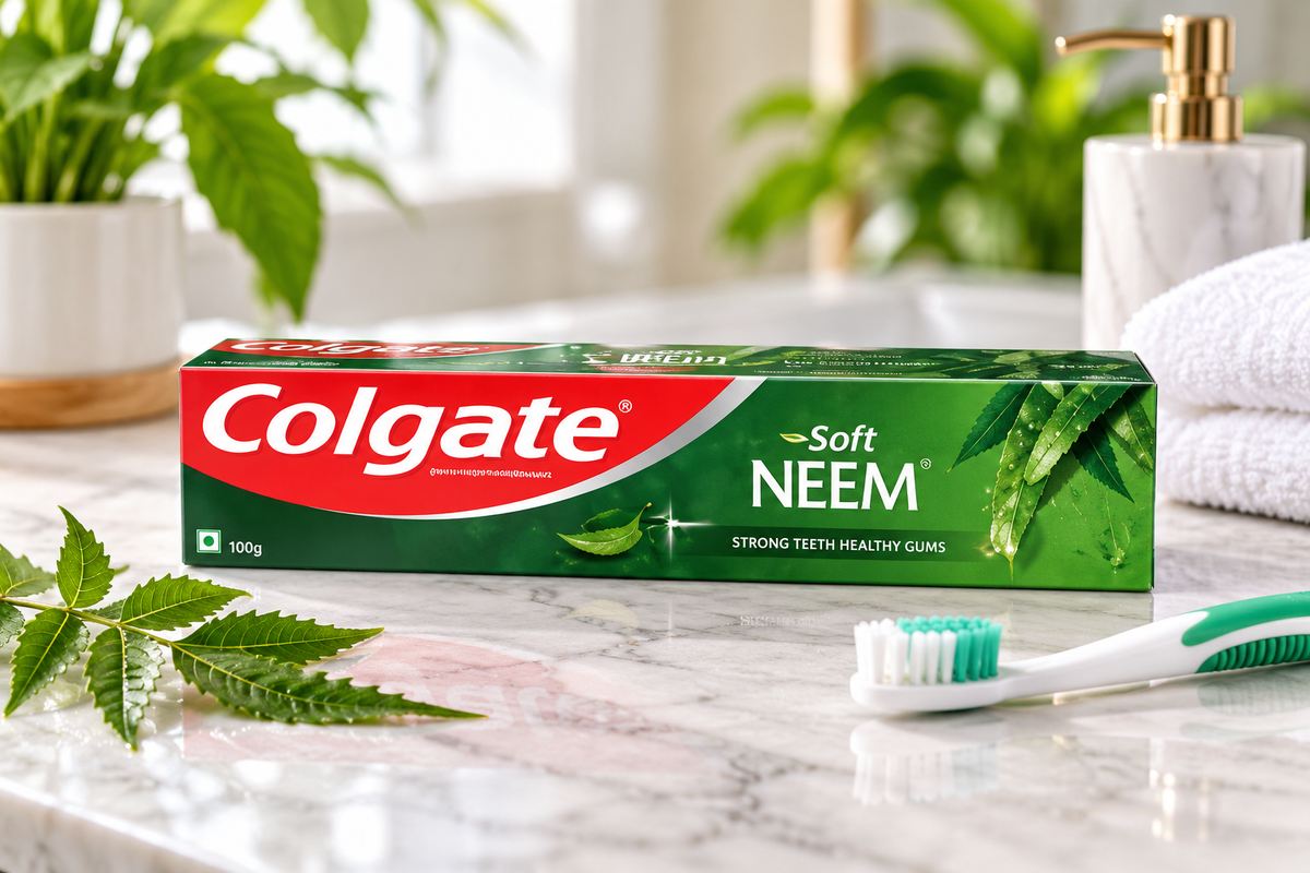 Colgate Soft Neem Toothpaste 100g green carton displayed on a marble bathroom countertop beside a green-and-white toothbrush, fresh neem leaves, a folded white towel, and a gold-toned dispenser in a bright, natural bathroom setting.