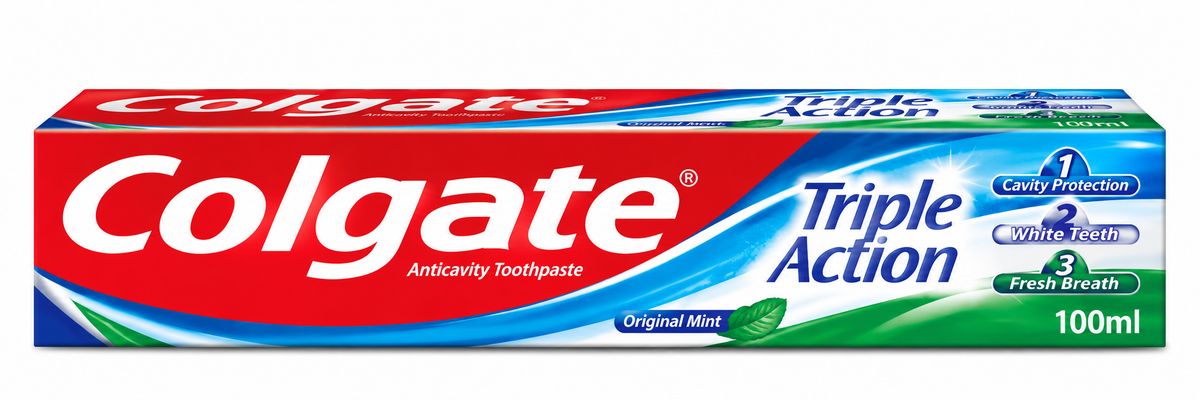 Colgate Triple Action Toothpaste 100ml featuring a rectangular toothpaste box with vibrant red, white, blue, and green packaging, the iconic Colgate logo in bold white lettering, and prominent Triple Action branding. The packaging highlights three oral care benefits: cavity protection, white teeth, and fresh breath, alongside Original Mint flavour text, a green mint leaf illustration, and dynamic blue and green wave graphics. Displayed horizontally against a clean white background.