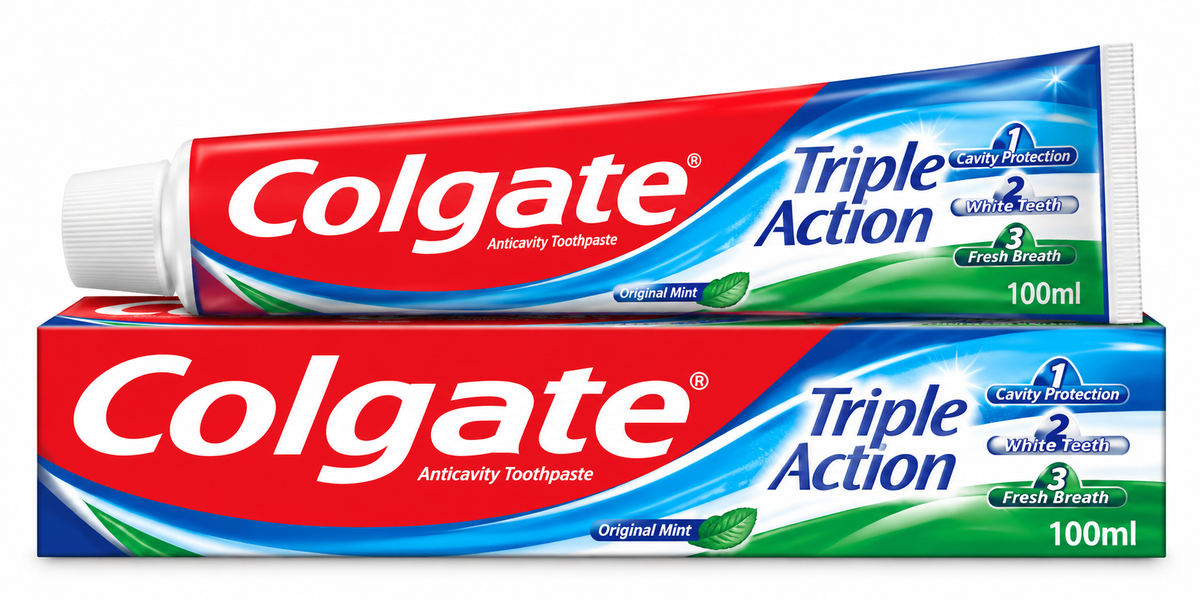 Colgate Triple Action Toothpaste 100ml tube and matching box displayed on a polished marble bathroom countertop, featuring the signature red, white, blue, and green packaging, bold Colgate logo, Triple Action label, and Original Mint flavour details. A toothbrush, fresh mint leaves, a white bathroom towel, and modern bathroom accessories complete the bright, clean setting, highlighting the toothpaste as part of a daily oral care routine for cavity protection, whiter-looking teeth, and fresh breath.