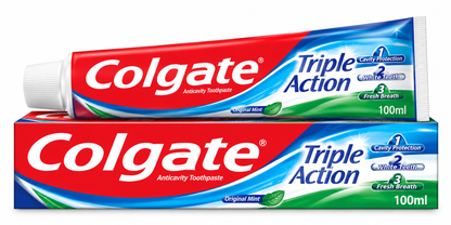 Colgate Triple Action Toothpaste 100ml tube and matching box displayed on a polished marble bathroom countertop, featuring the signature red, white, blue, and green packaging, bold Colgate logo, Triple Action label, and Original Mint flavour details. A toothbrush, fresh mint leaves, a white bathroom towel, and modern bathroom accessories complete the bright, clean setting, highlighting the toothpaste as part of a daily oral care routine for cavity protection, whiter-looking teeth, and fresh breath.