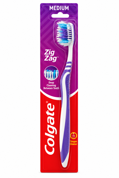 Colgate Zig Zag Charcoal Toothbrush in red and purple packaging featuring medium bristles, a white and purple toothbrush handle, zigzag bristle design and tongue cleaner.