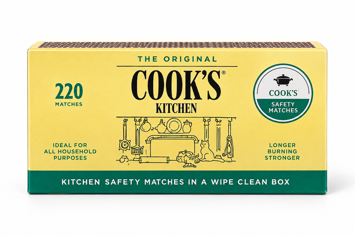 Cook’s Safety Matches pack with cream and green packaging, 220 matches and kitchen safety design