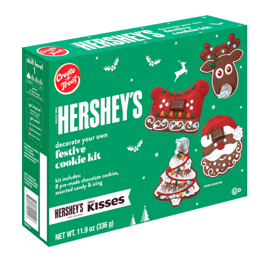 Close‑up of pre-baked chocolate cookies included in Hershey’s Festive Cookie Kit.