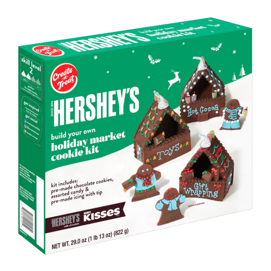 Create-A-Treat Hershey’s Holiday Market Cookie Kit with cookie mix, Hershey’s chocolate, icing, and decorations for festive baking and decorating.