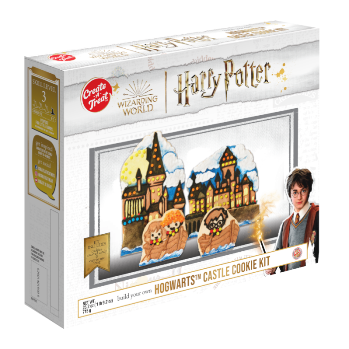 Create-A-Treat Hogwarts Castle Cookie Kit with cookie mix, icing, and candy decorations to bake and decorate your own Hogwarts Castle.