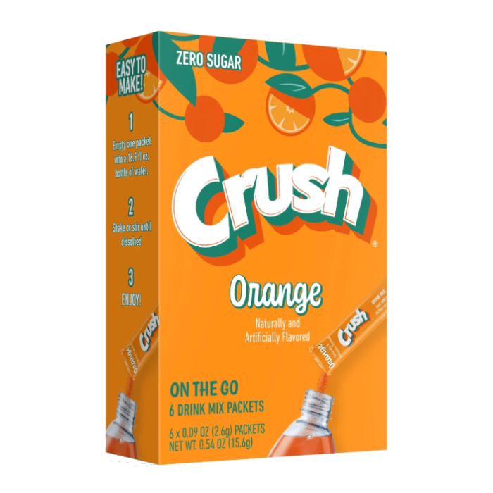 Brightly colored Crush Singles To Go Orange , 0.54 oz packets, easy-to-mix orange drink mix