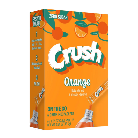 Brightly colored Crush Singles To Go Orange , 0.54 oz packets, easy-to-mix orange drink mix