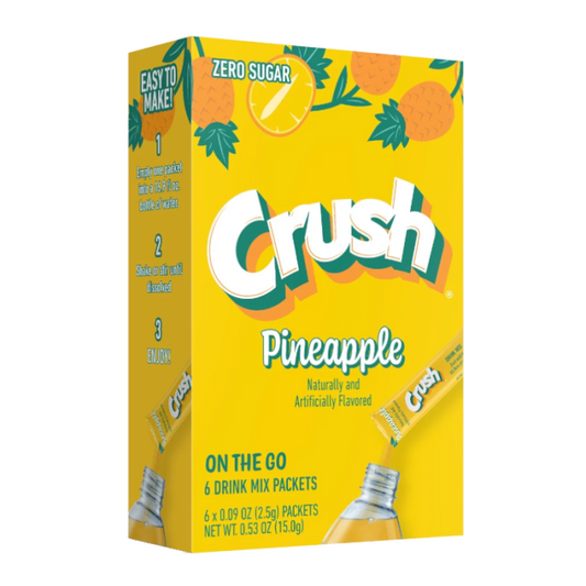 Brightly colored Crush Singles To Go Pineapple , 0.53 oz packets, easy-to-mix tropical drink mix.