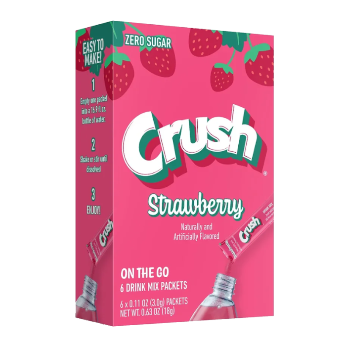 Brightly colored Crush Singles To Go Strawberry , 0.63 oz packets, easy-to-mix strawberry drink mix.