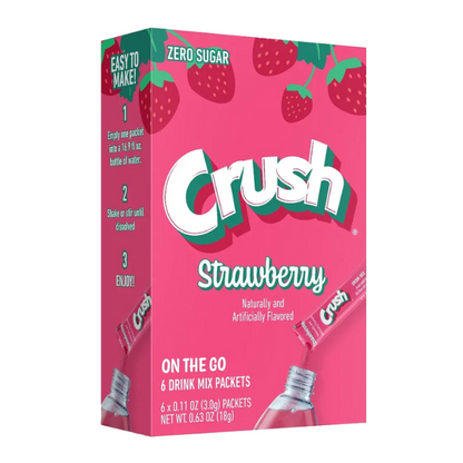 Brightly colored Crush Singles To Go Strawberry , 0.63 oz packets, easy-to-mix strawberry drink mix.