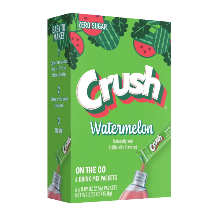 Brightly colored Crush Singles To Go Watermelon  0.53 oz packets, easy-to-mix watermelon drink mix.