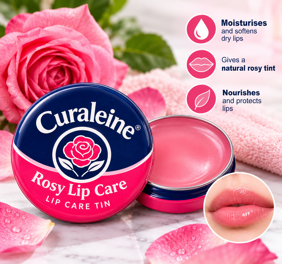 Curaleine Rosy Lip Care Tin with pink lip balm, rose petals and floral background, highlighting a single lip care tin.