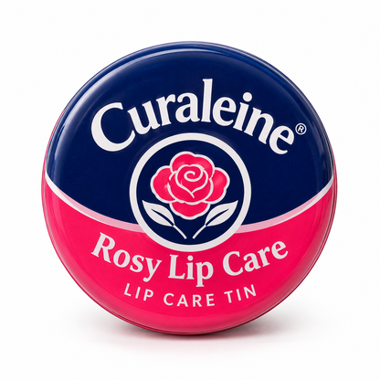 Curaleine Rosy Lip Care Tin with navy blue and pink rose packaging on a white background.