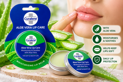 Curalene Aloe Vera Lip Care tin and open lip balm container displayed with fresh aloe vera leaves and a close-up of moisturised lips, highlighting aloe vera lip care for soft, smooth and hydrated lips.